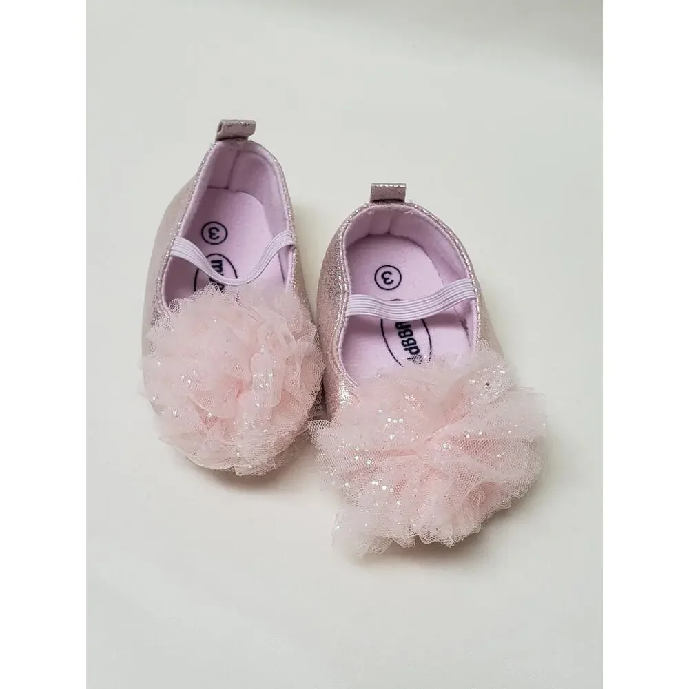 MYGGPP Pink Ballerina Puffy Bow Slip On Baby Shoes - Size 3